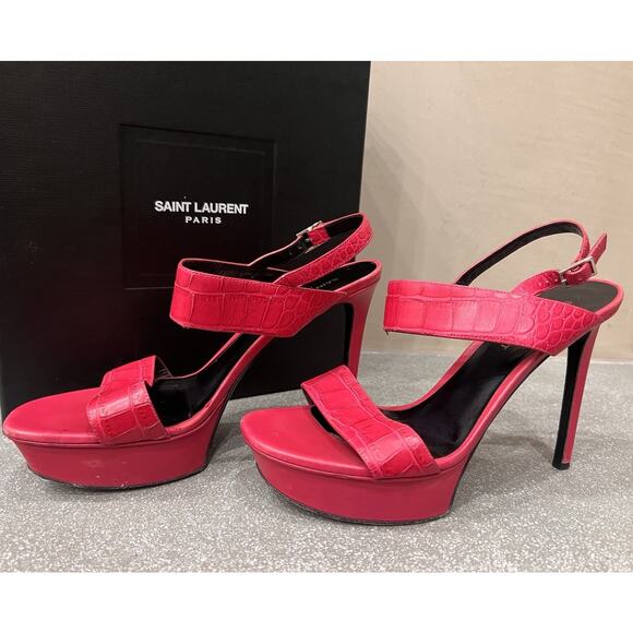 YVES SAINT LAURENT Pink Croc Embossed Tribute Bianca Sandal Shoe Bubble Gum 38.5 - Picture 1 of 16